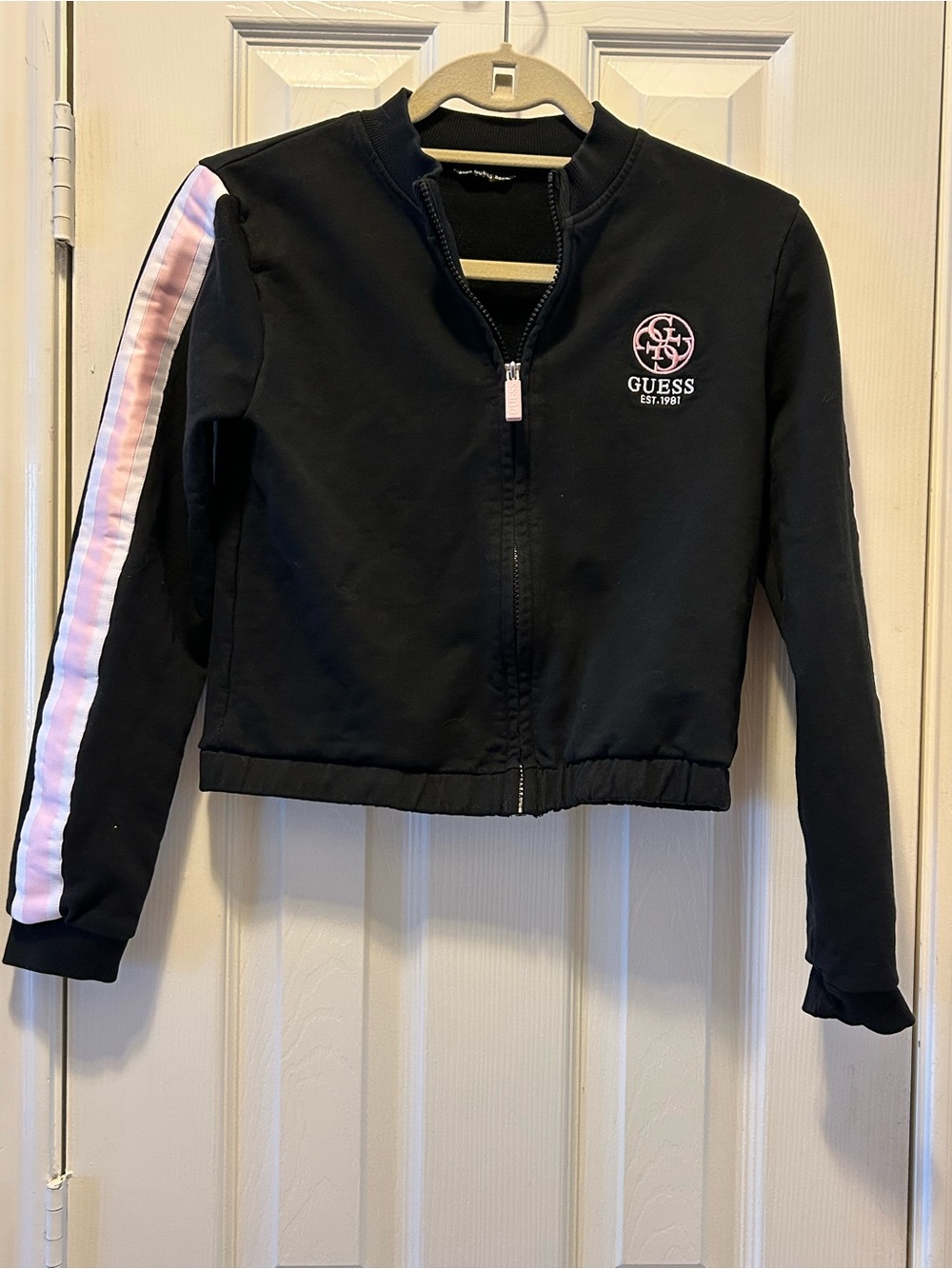 GUESS Y2K Girls' Black Zip-Up Jacket with Pink Stripe will fit small adult